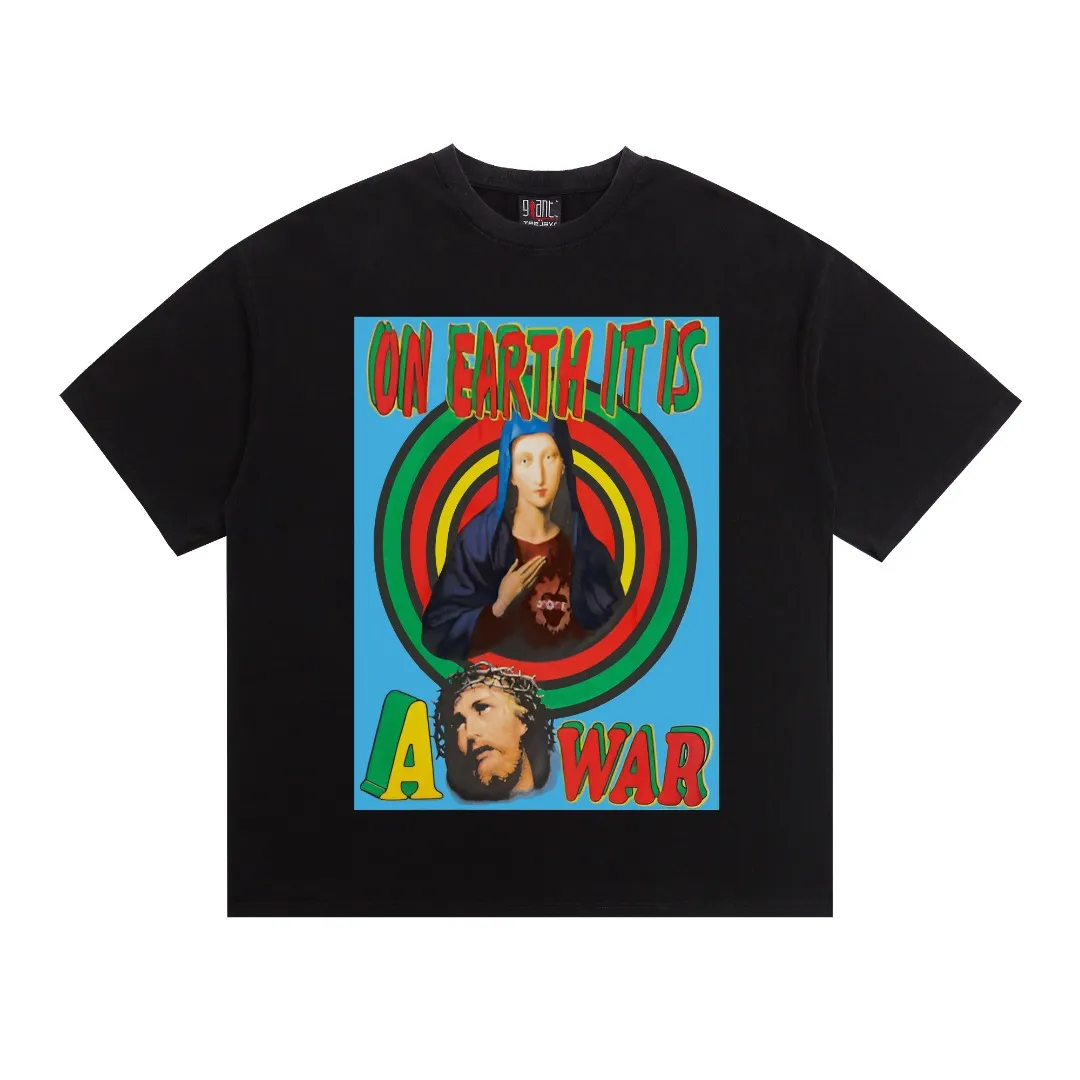 American-style Saint Michael Virgin and Child Earth retro printed washed and distressed short-sleeved men's and women's T-shirts. Digital white ink direct injection. The fabric is breathable and the pattern is three-dimensional and clear. Fabric: Double yarn 240g Style number: S898 Size: S-M-L-XL Color: Black Price: P118